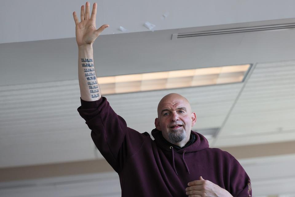 Pennsylvania Lt. Gov. John Fetterman campaigns for U.S. Senate at a meet and greet at Joseph A. Hardy Connellsville Airport on May 10, 2022 in Lemont Furnace, Pennsylvania. Fetterman is the Democratic primary front runner in a field that includes U.S. Rep. Conor Lamb and state Sen. Malcolm Kenyatta in the May 17 primary vying to replace Republican Sen. Pat Toomey, who is retiring.