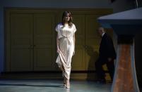 <p>FLOTUS appeared with the President at the Ford's Theatre annual gala in honor of President Abraham Lincoln. She wore a cream silk gown by Monique Lhuillier.</p>