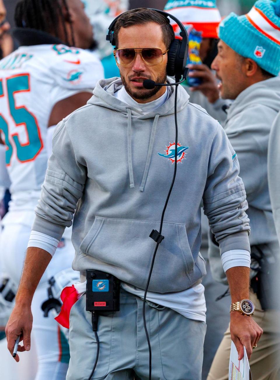 Miami Dolphins head coach Mike McDaniel looks from the sidelines before the start of an NFL football game against the New York Jets at MetLife Stadium on Friday, Nov. 24, 2023 in East Rutherford, New Jersey.