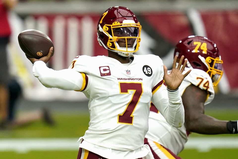 FILE - In this Sept. 20, 2020, file photo, Washington Football Team quarterback Dwayne Haskins (7) throws during the first half of an NFL football game against the Arizona Cardinals in Glendale, Ariz. The Pittsburgh Steelers signed the former Washington quarterback to a futures contract on Thursday, Jan. 21, 2021, giving the 23-year-old a second chance after the flamed out in the nation's capital in less than two seasons. (AP Photo/Ross D. Franklin, File)