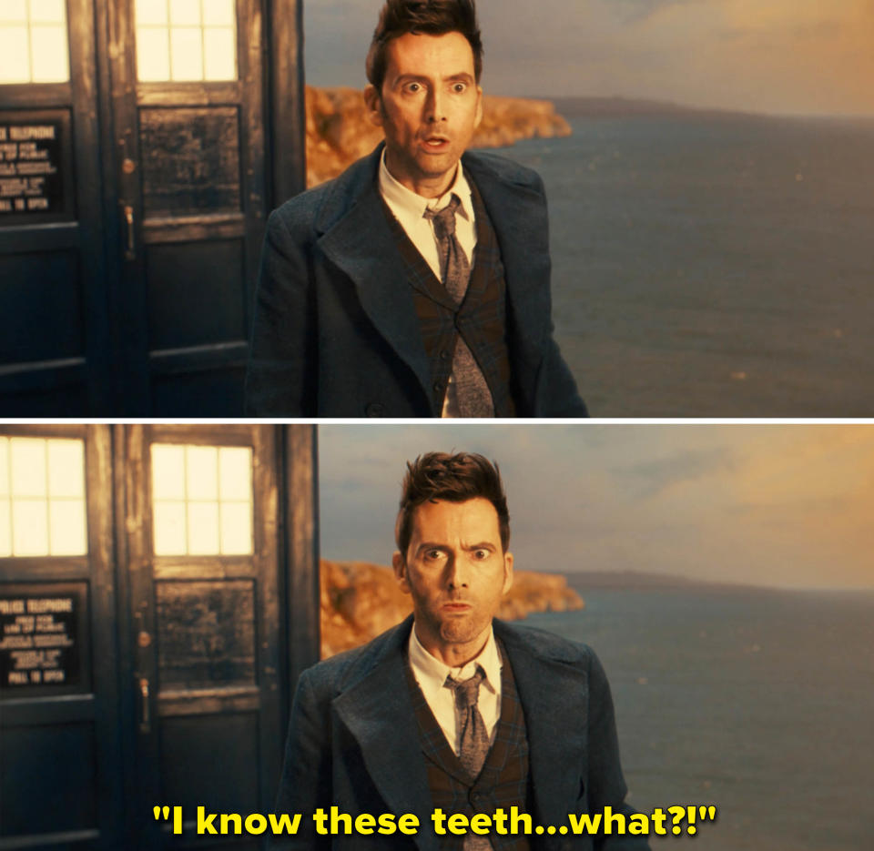 The Fourteenth Doctor with his mouth open and the words, "I know those teeth—what?!"