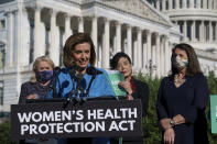 House Speaker Nancy Pelosi, D-Calif., joined from left by Rep. Sylvia Garcia, D-Texas, Rep. Judy Chu, D-Calif., and Rep. Diana DeGette, D-Colo., holds a news conference just before a House vote on legislation aimed at guaranteeing a woman’s right to an abortion, an effort by House Democrats to circumvent a new Texas law that has placed that access under threat, at the Capitol in Washington, Friday, Sept. 24, 2021. (AP Photo/J. Scott Applewhite)