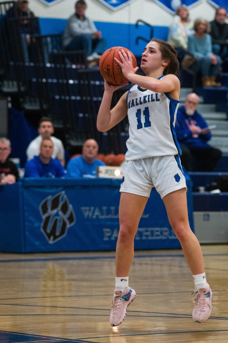 Wallkill's Zoe Mesuch shoots during the MHAL semifinal girls basketball game in Wallkill on Monday, February 20, 2023.