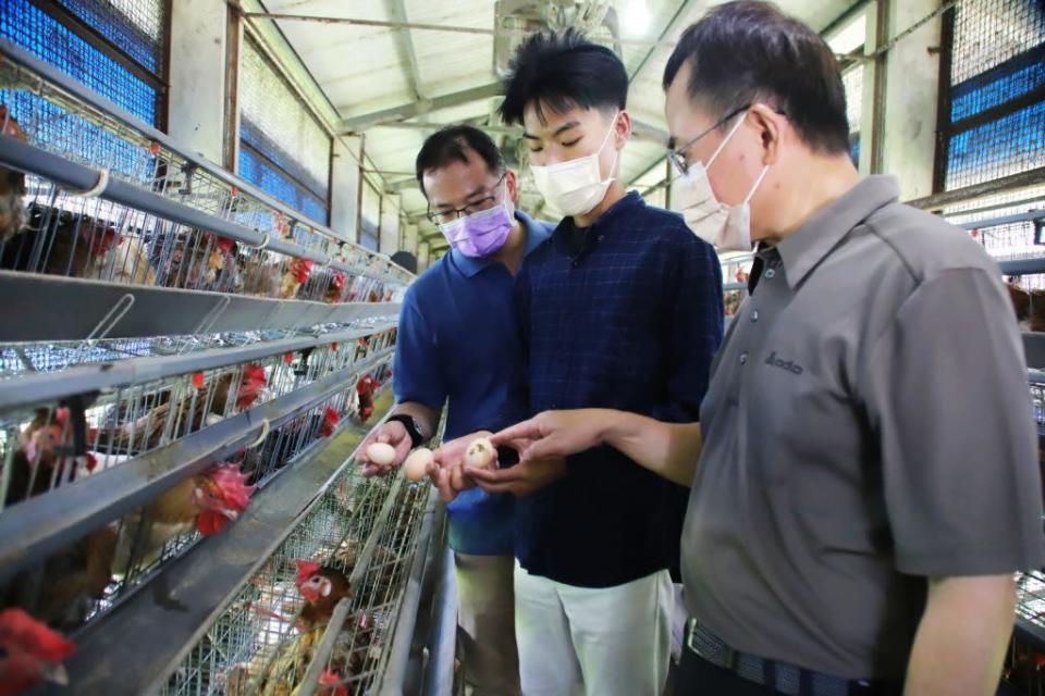 吳毓祥同學(中)走訪養雞場了解雞蛋生產作業時實際產生情形。（記者湯朝村翻攝）