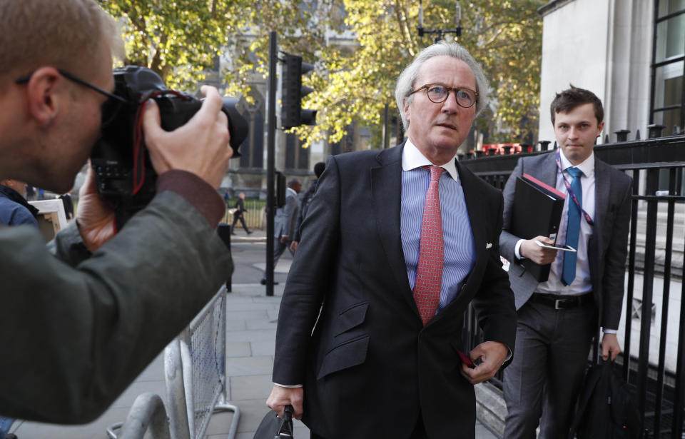 Richard Keen, the Advocate General for Scotland, arrives at The Supreme Court in London, Thursday, Sept. 19, 2019. The Supreme Court is set to decide whether Prime Minister Boris Johnson broke the law when he suspended Parliament on Sept. 9, sending lawmakers home until Oct. 14 — just over two weeks before the U.K. is due to leave the European Union. (AP Photo/Alastair Grant)