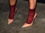 <p>A closer look at Demi’s stocking socks and sexy nude stilettos. <i> (Photo by Amanda Edwards/WireImage) </i> </p>