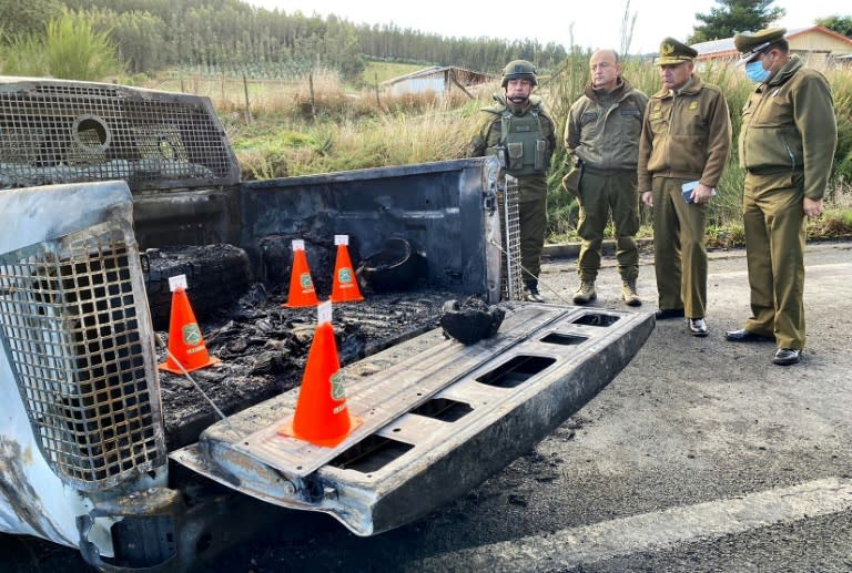 A photo released by Chilean officials shows the vehicle in which three police officers were found dead (.)