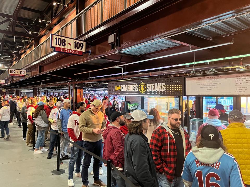 The line for Charlie's Steaks at Citizens Bank Park was the longest we found at a game on May 5, 2023. At peak times, it took as long as 45 minutes to get a ribeye cheesesteak on a seeded Liscio's roll with Cooper sharp cheese. Was it worth it, we asked a customer who drove into the game from Delaware? After taking a bite, he said one word: "Yup."