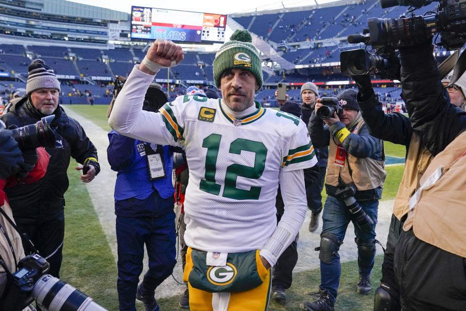 Green Bay Packers' Aaron Rodgers reacts as he walks off the field after an NFL football game against the Chicago Bears Sunday, Dec. 4, 2022, in Chicago. The Packers won 28-19. (AP Photo/Charles Rex Arbogast)