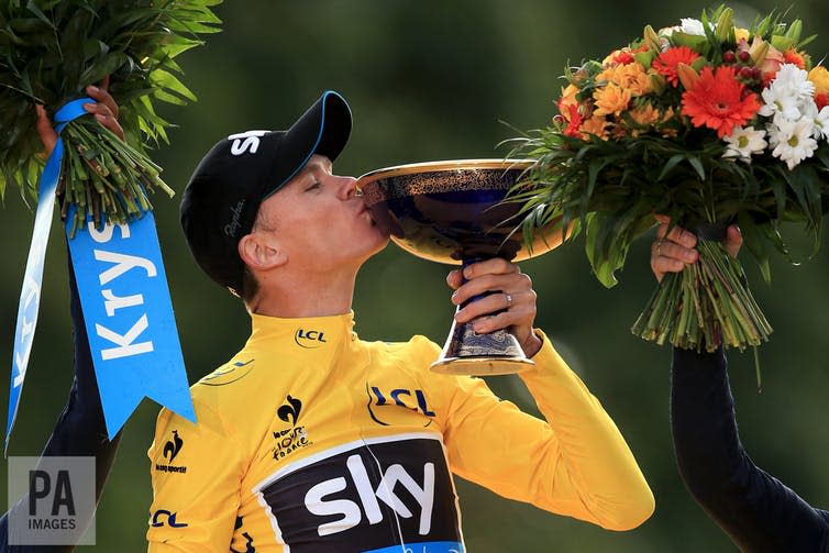 <span class="caption">British cyclist Chris Froome celebrates winning the Tour de France in 2015.</span> <span class="attribution"><a class="link " href="https://www.paimages.co.uk/image-details/2.23660981" rel="nofollow noopener" target="_blank" data-ylk="slk:PA;elm:context_link;itc:0;sec:content-canvas">PA</a>, <a class="link " href="http://creativecommons.org/licenses/by-sa/4.0/" rel="nofollow noopener" target="_blank" data-ylk="slk:CC BY-SA;elm:context_link;itc:0;sec:content-canvas">CC BY-SA</a></span>