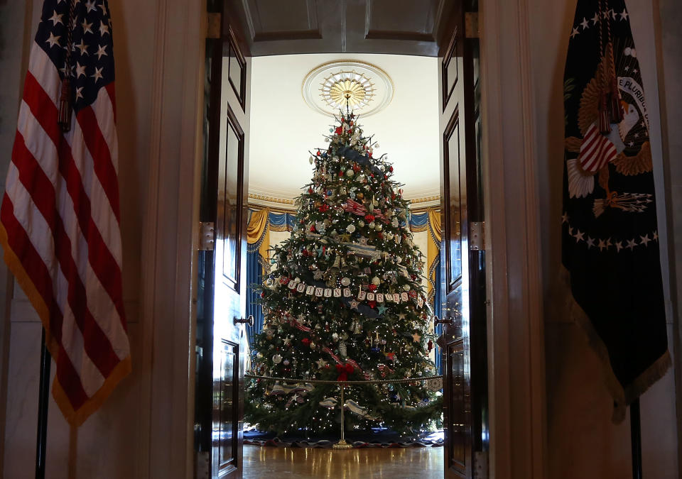 The official White House Christmas tree, an 18-foot-6-inch Fraser Fir from Jefferson, North Carolina, stands in the Blue Room during a preview of the 2012 White House holiday decorations November 28, 2012 at the White House in Washington, DC. The first lady welcomed military families, including Gold Star and Blue Star parents, spouses and children, to the White House for the first viewing of the 2012 holiday decorations. The theme for the White House Christmas 2012 is "Joy to All." (Photo by Alex Wong/Getty Images)
