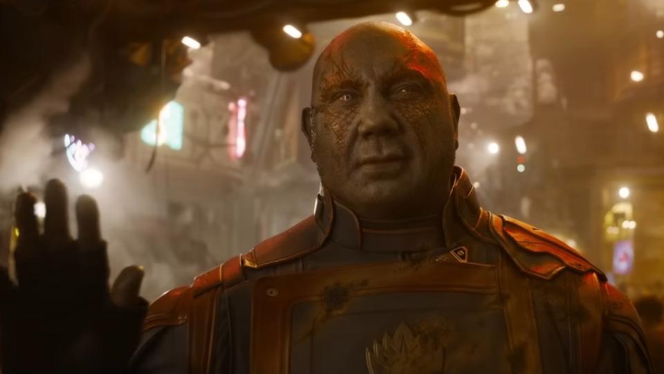 A battered Drax with head wounds waves goodbye in Guardians of the Galaxy Vol. 3