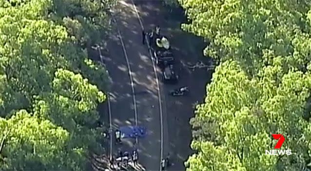 Two men, aged in their 40s, were killed when two motorcycles and a 4WD collided in Kevington, in Victoria's north-east. Pictures: 7 News