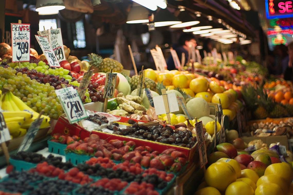 Produce for sale at the Pike Place Market in Seattle, WA.