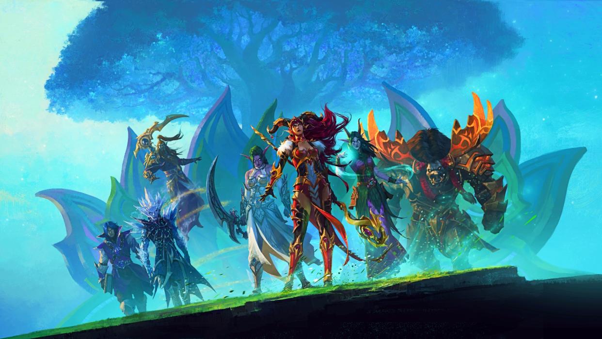  A group of World of Warcraft's most prominent characters gather atop a mountain. 