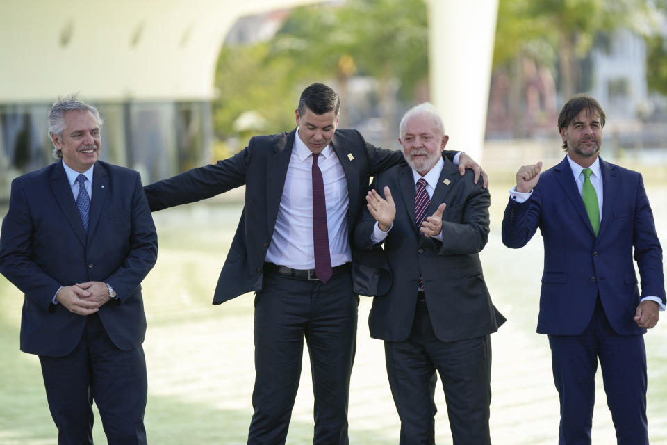 Heads of state from left to right: Argentina's outgoing President Alberto Fernandez, Paraguay's President Santiago Pena, Brazilian President Luiz Inacio Lula da Silva and Uruguay's President Luis Lacalle Pou, pose for a group photo at the 63rd Mercosur Summit, in Rio de Janeiro, Brazil, Thursday, Dec. 7, 2023. (AP Photo/Silvia Izquierdo)