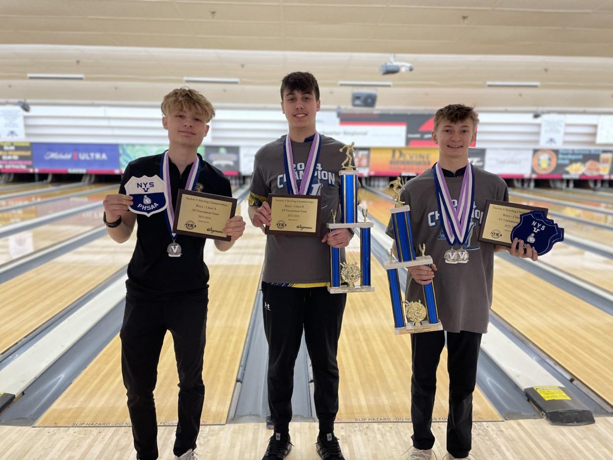 Rush-Henrietta's Keaton Ostrowski, left, Spencerport Jesse Taccone, center, and Fairport's Nathan Chaffee at the Section V Bowling Championships on Friday, Feb. 16, 2024 at ABC Gates Bowl.