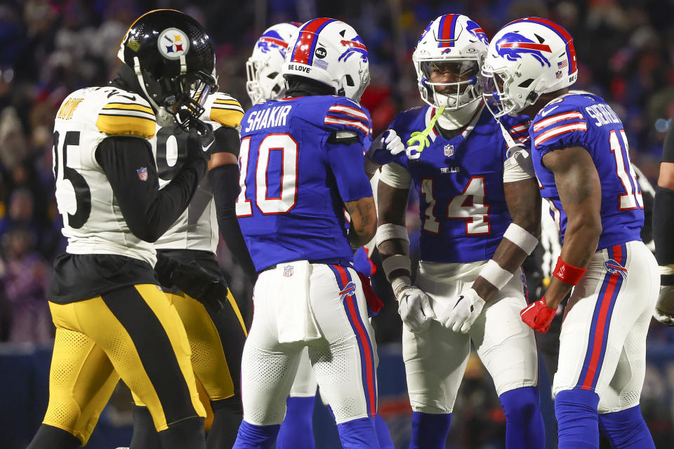 Buffalo Bills wide receiver Stefon Diggs (14) reacts with teammates during the second half of an NFL wild-card playoff football game against the Pittsburgh Steelers, Monday, Jan. 15, 2024, in Buffalo, N.Y. (AP Photo/Jeffrey T. Barnes)
