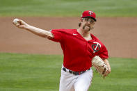 Minnesota Twins' Randy Dobnak throws to the Detroit Tigers in the first inning of the first game of a baseball doubleheader Friday, Sept. 4, 2020, in Minneapolis. (AP Photo/Bruce Kluckhohn)