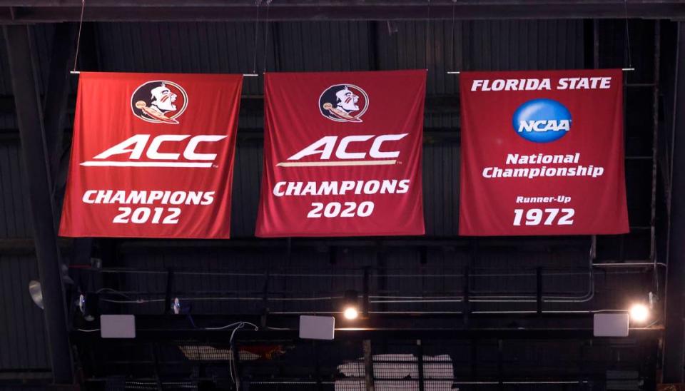ACC champion banners hang from the rafters at the Donald Tucker Civc Center, where the Florida State men’s and women’s basketball teams play. Photographed before Duke’s game against Florida State University in Tallahassee, Fla. Sat. February 17, 2024. Ethan Hyman/ehyman@newsobserver.com
