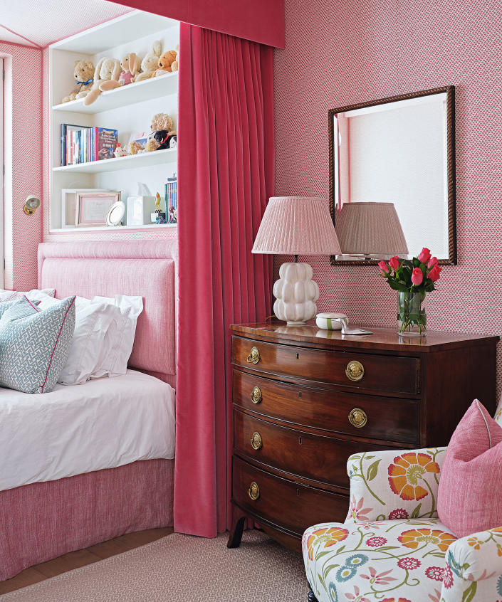 <p> Picking&#xA0;bedroom color&#xA0;in one core shade and using different tones of it is a way to be bold without incidentally clashing.&#xA0;Wendi Wolf Lewitt designed this cocooning&#xA0;pink bedroom&#xA0;as such, with built-in open shelving, too, so personal belongings can be displayed. </p>
