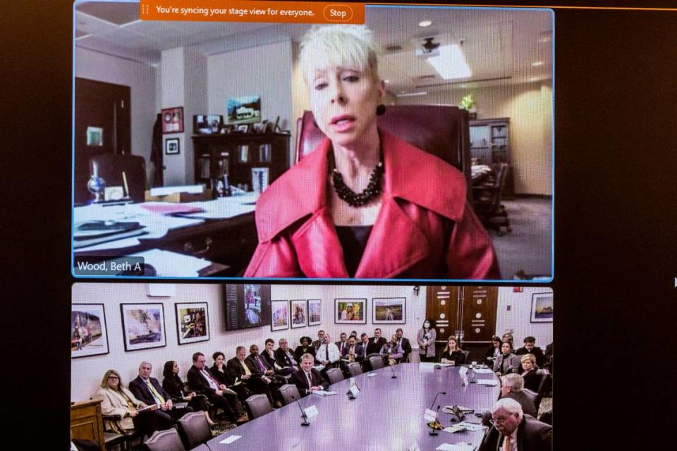 State Auditor Beth Wood speaks by video call while addressing the monthly Council of State meeting Tuesday, Feb. 7, 2022 at the NCDOT building in Raleigh. Wood faces hit-and-run charges from a December car crash in downtown Raleigh.