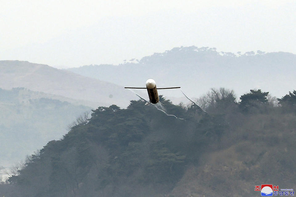 This photo provided by the North Korean government, shows what it says a test launch of a Hwasal strategic cruise missile during an exercise in South Hamgyong province, North Korea Wednesday, March 22, 2023. Independent journalists were not given access to cover the event depicted in this image distributed by the North Korean government. The content of this image is as provided and cannot be independently verified. Korean language watermark on image as provided by source reads: "KCNA" which is the abbreviation for Korean Central News Agency. (Korean Central News Agency/Korea News Service via AP)