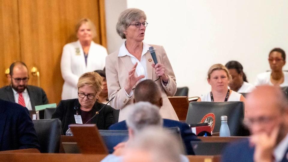 Rep. Marcia Morey a Durham Democrat, debates a bill that would prohibit transgender females from playing on women’s athletic teams, prior to veto override vote in the House at the General Assembly in Raleigh on Wednesday, Aug 16, 2023.