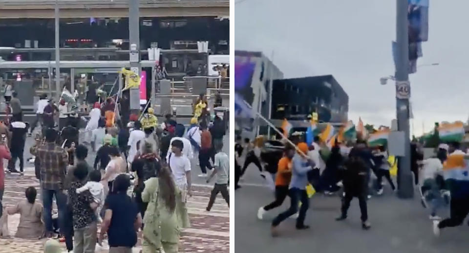 People gathered outside Federation Square in Melbourne (left) and people fighting (right). 