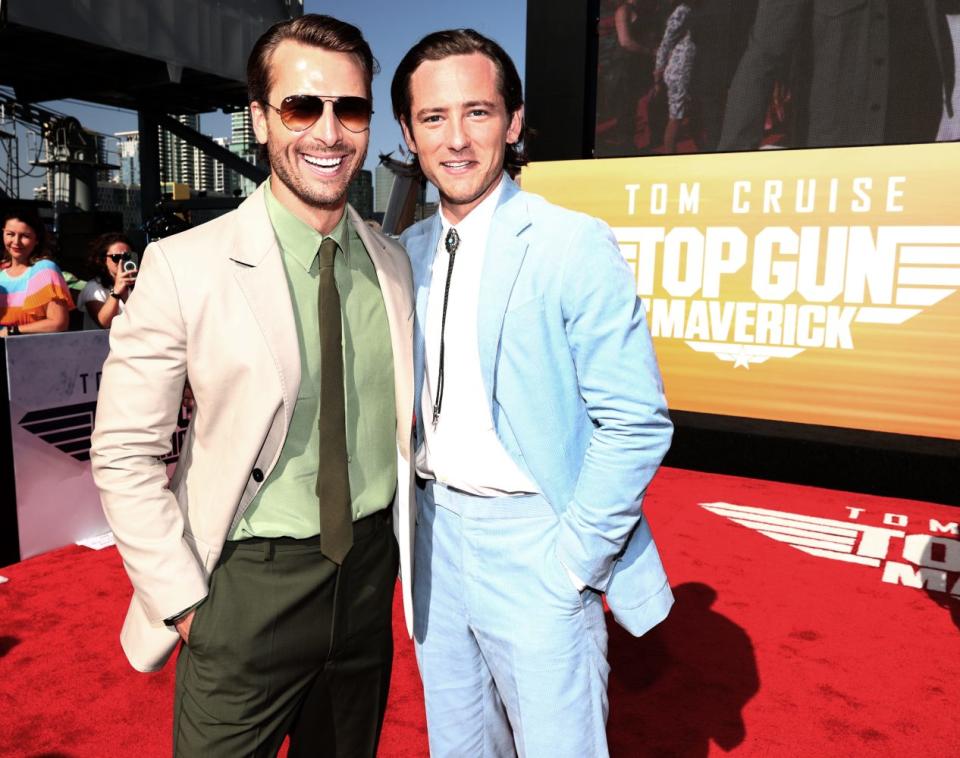 Glen Powell and Lewis Pullman at the premiere of “Top Gun: Maverick” - Credit: Christopher Polk for Variety