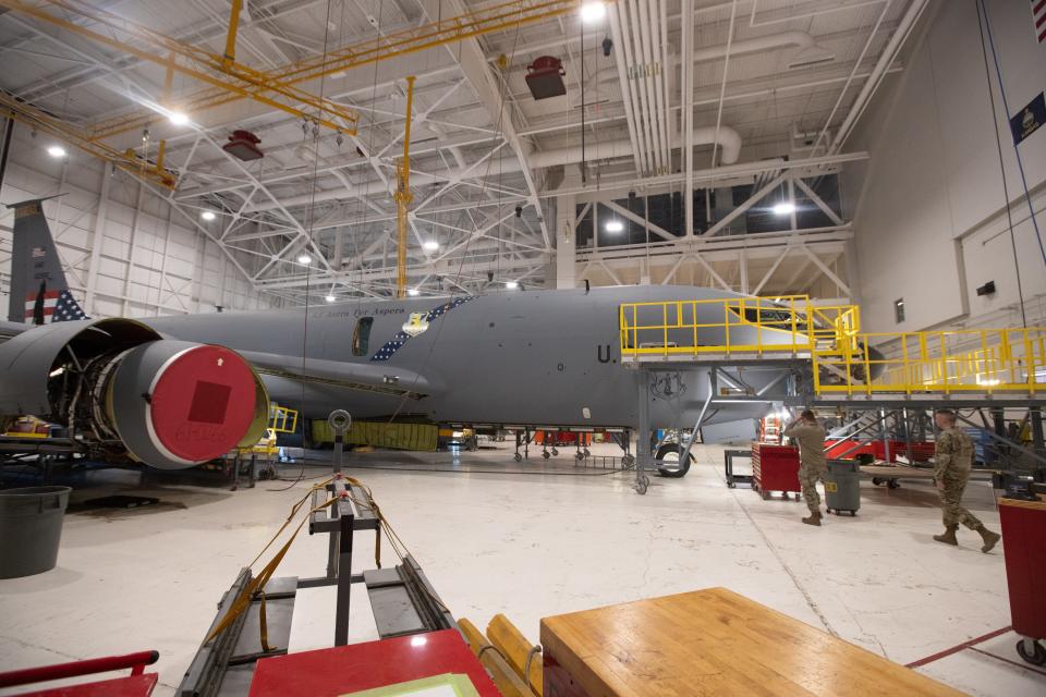 A KC-135 air refueling aircraft goes through an inspection process Thursday morning at the 190th Air Refueling Wing of the Kansas Air National Guard at Forbes Field. Topeka is hoping to attract companies that are converting Boeing 777 jets from carrying passengers to cargo.