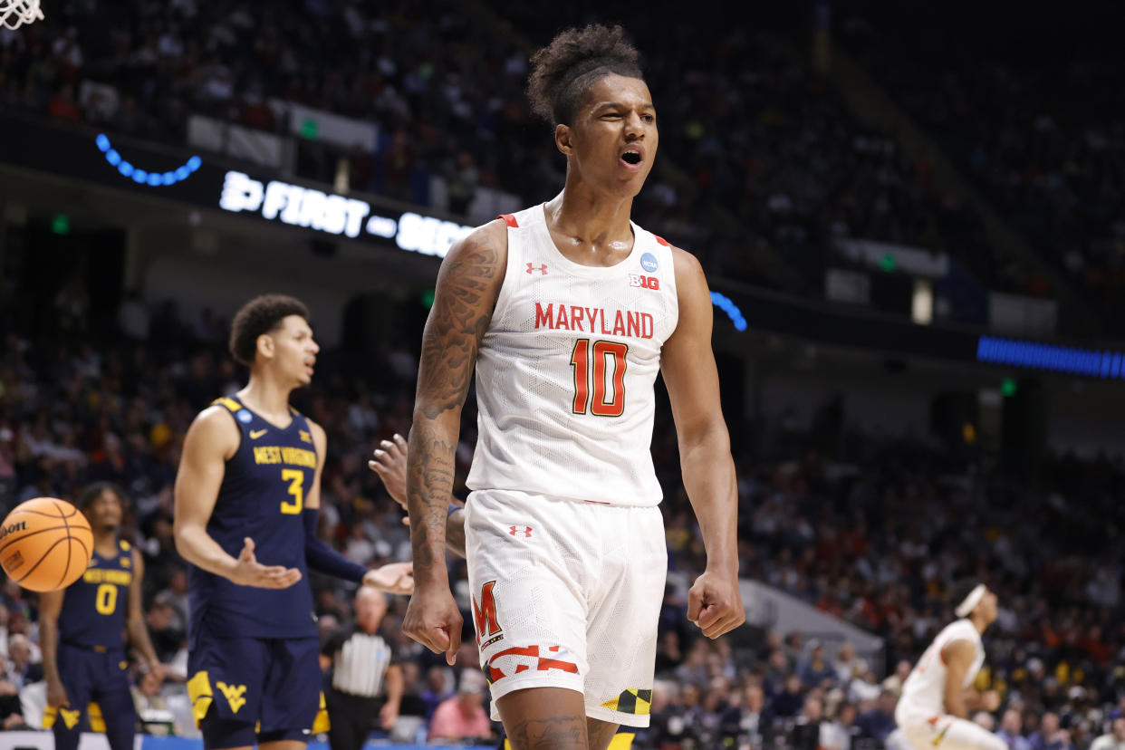 BIRMINGHAM, ALABAMA - MARCH 16: Julian Reese #10 of the Maryland Terrapins reacts after a basket against the West Virginia Mountaineers in the first round of the NCAA Men's Basketball Tournament at Legacy Arena at the BJCC on March 16, 2023 in Birmingham, Alabama. (Photo by Alex Slitz/Getty Images)