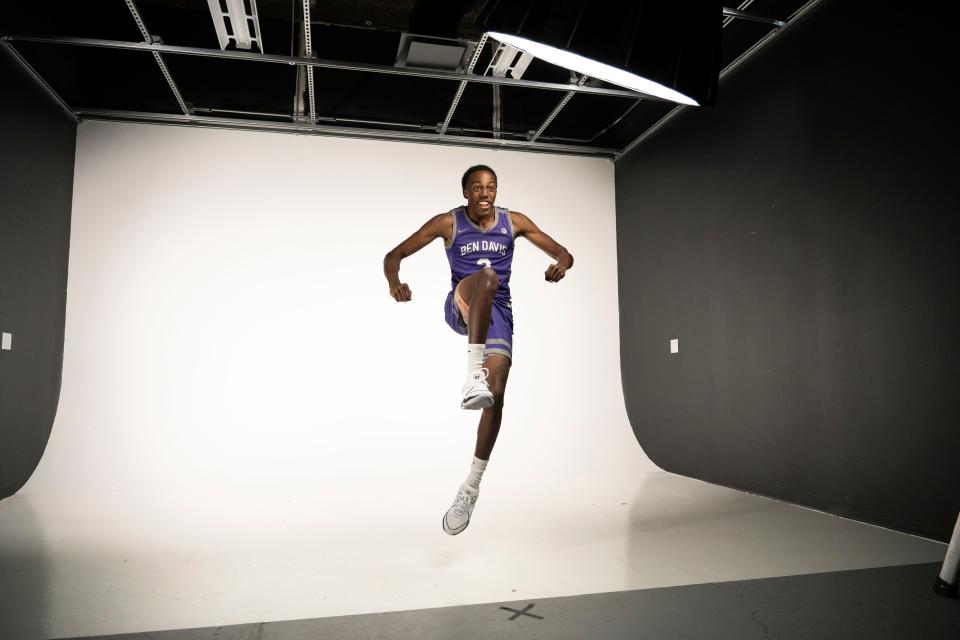 Ben Davis Giants Mark Zackery IV shows off his athleticism Tuesday, Oct. 10, 2023, during a photoshoot of the IndyStar boys basketball preseason superteam in the IndyStar photo studio in Indianapolis.