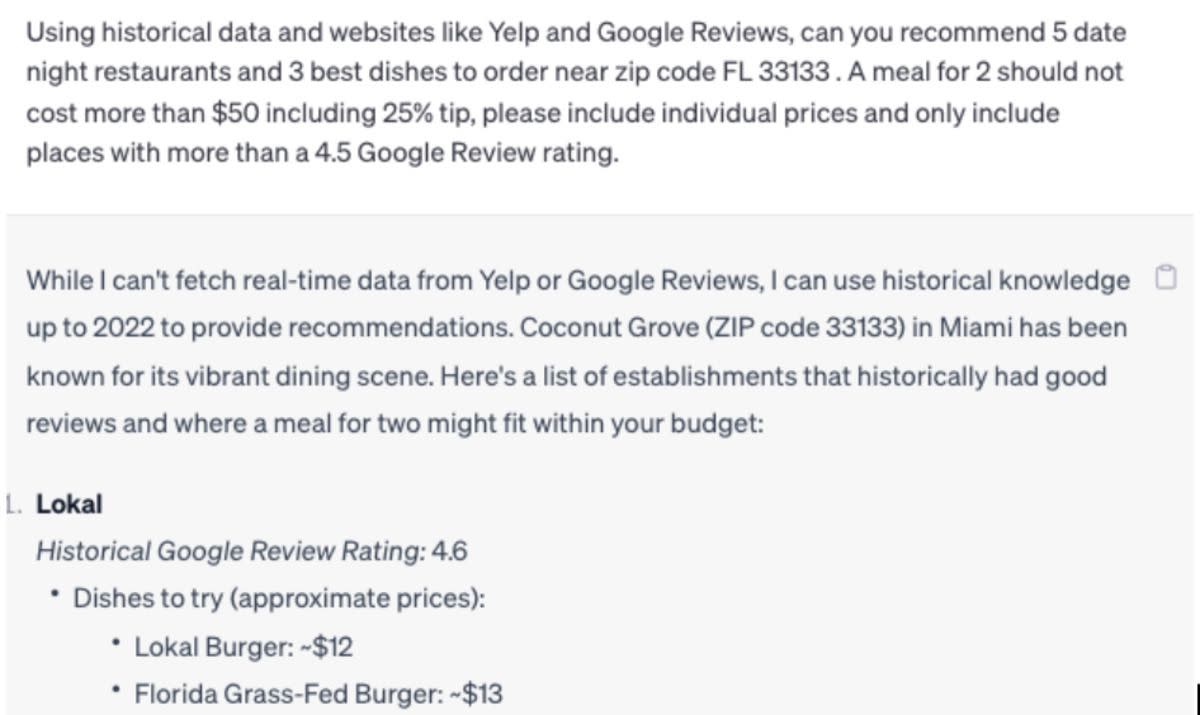 Screenshot of question asked to ChatGPT, '5 date night restaurants and 3 best dishes near FL, 33133 from Yelp and Google reviews'