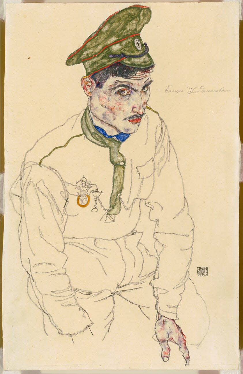 Egon Schiele's 1916 drawing "Russian War Prisoner" is held at the Art Institute of Chicago. The Jewish cabaret performer Fritz Grünbaum owned the piece before Nazis looted the art during the Holocaust. His descendants are working to get the piece back.