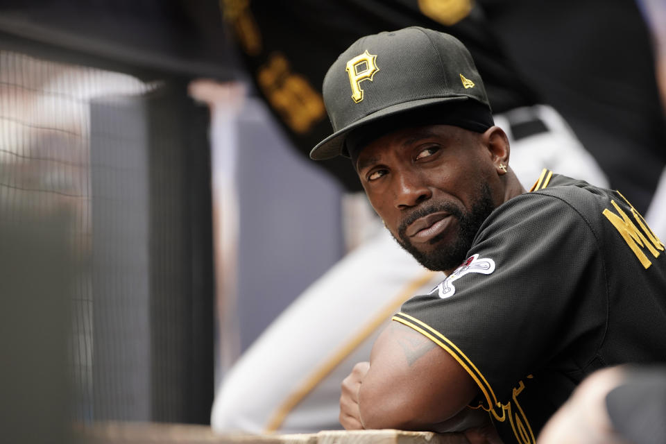 Pittsburgh Pirates' Andrew McCutchen looks out from the dugout before a baseball game against the Milwaukee Brewers Sunday, Aug. 6, 2023, in Milwaukee. (AP Photo/Aaron Gash)