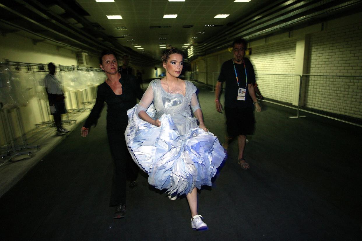 GREECE - AUGUST 13:  Photo of BJORK; Bjork backstage at the opening of the 2004 Athens Olympics  (Photo by Mick Hutson/Redferns)