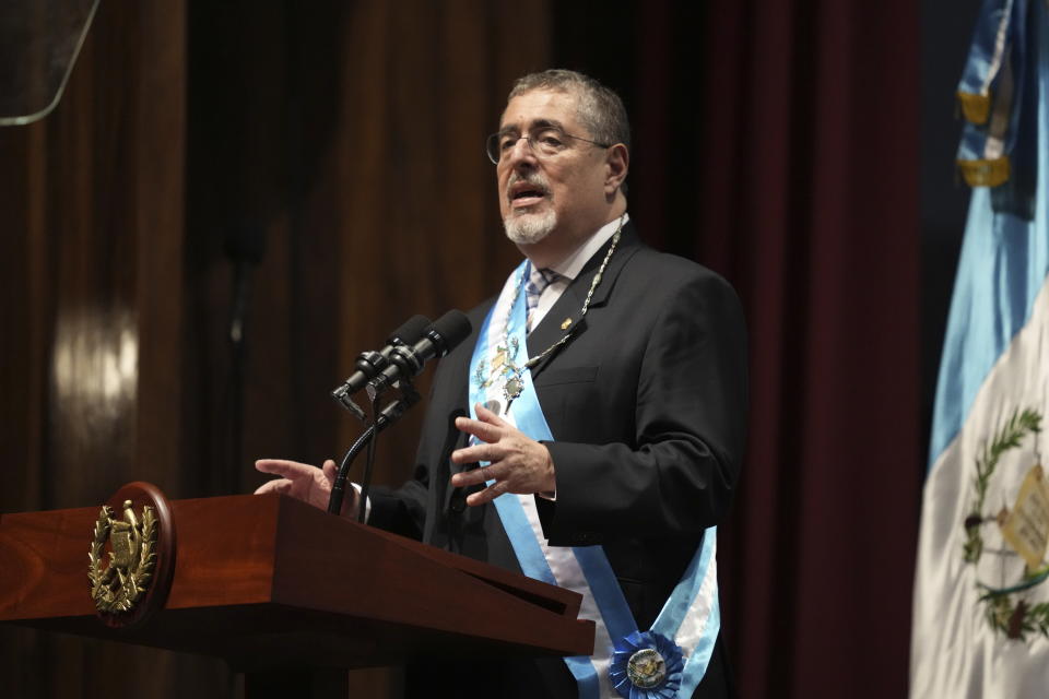 Incoming Guatemalan President Bernardo Arévalo speaks during his inauguration ceremony in Guatemala City, early Monday, Jan. 15, 2024. (AP Photo/Moises Castillo)