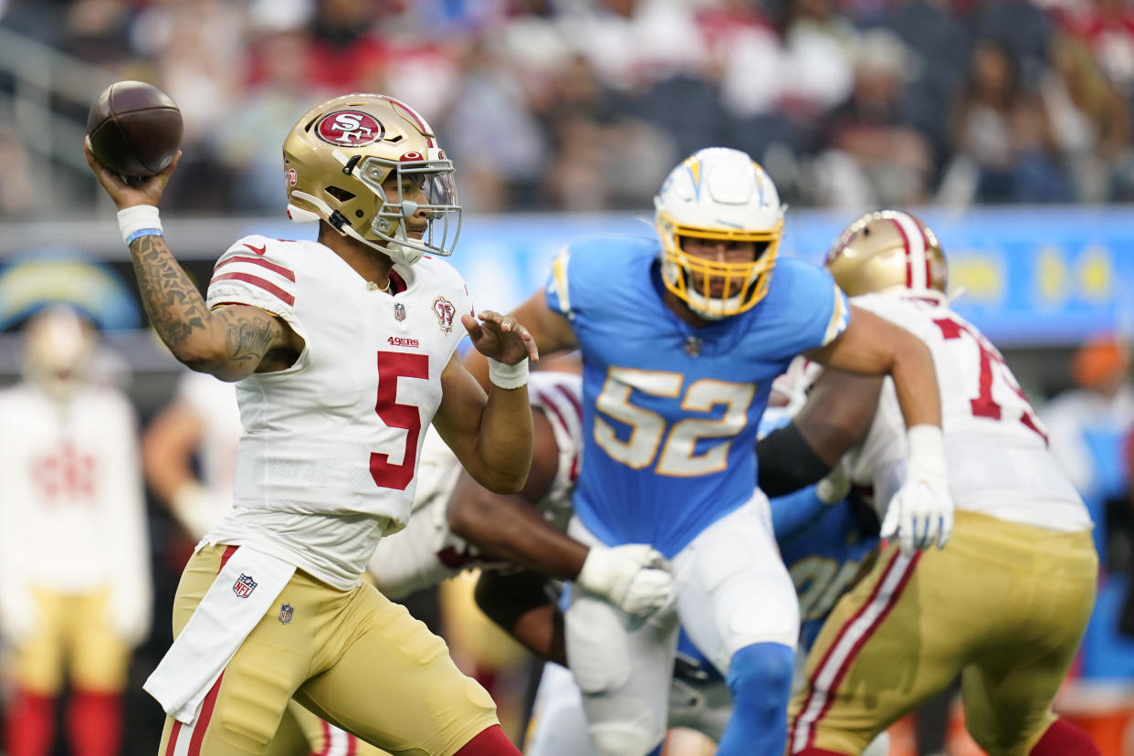 San Francisco 49ers quarterback Trey Lance (5) throws during his second preseason game. (AP Photo/Ashley Landis)