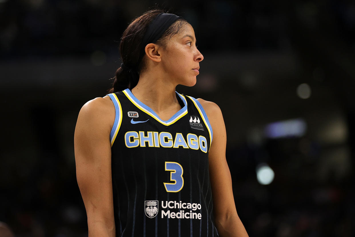 CHICAGO, ILLINOIS - OCTOBER 17: Candace Parker #3 of the Chicago Sky walks backcourt during Game Four of the WNBA Finals against the Phoenix Mercury at Wintrust Arena on October 17, 2021 in Chicago, Illinois. The Chicago Sky defeated the Phoenix Mercury 80-74.  NOTE TO USER: User expressly acknowledges and agrees that, by downloading and or using this photograph, User is consenting to the terms and conditions of the Getty Images License Agreement. (Photo by Stacy Revere/Getty Images)