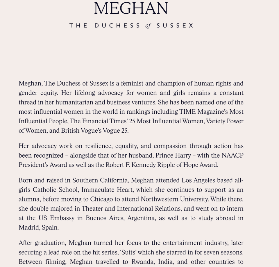 Meghan’s profile mentions her own book she published to raise money for the victims of the Grenfell Tower fire (Sussex.com)
