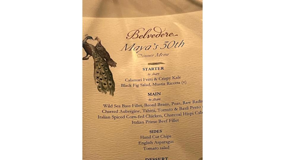 The menu from Maya Jama's 30th birthday bash