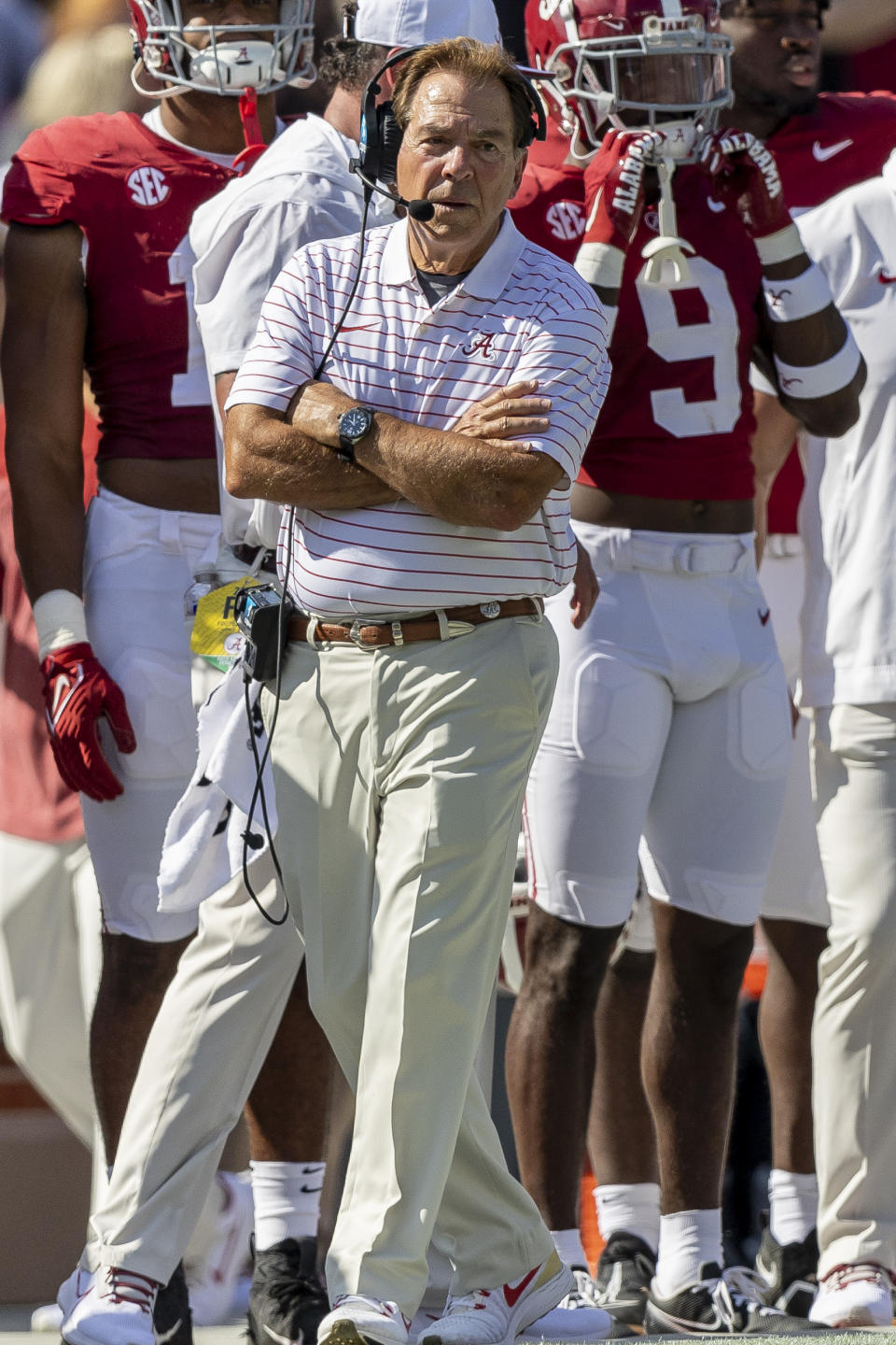 Alabama head coach Nick Saban paces the sideline during the first half of an NCAA college football game against Mississippi, Saturday, Sept. 23, 2023, in Tuscaloosa, Ala. (AP Photo/Vasha Hunt)