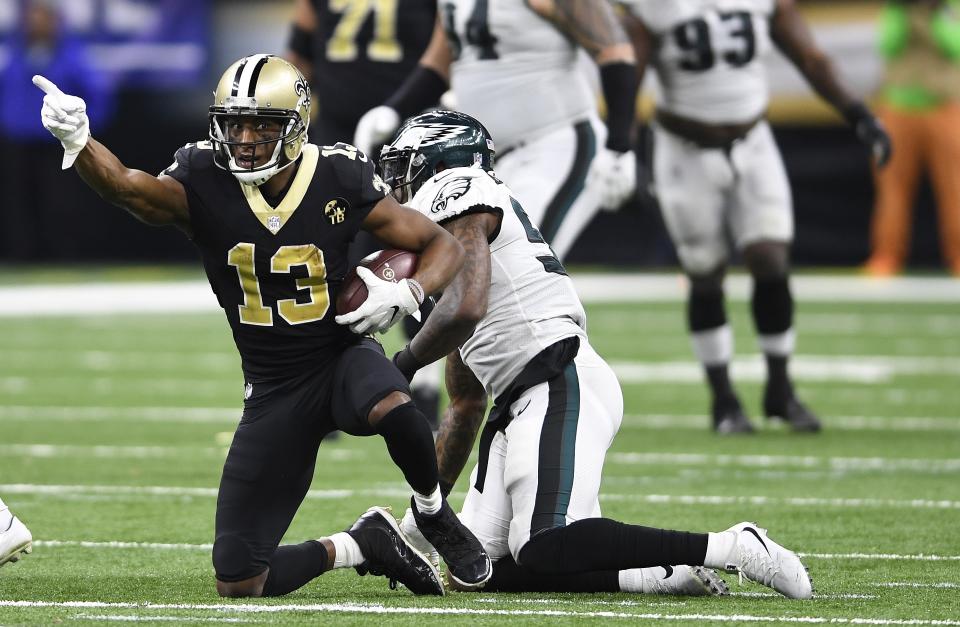 New Orleans Saints wide receiver Michael Thomas (13) celebrates a first down reception against the Eagles. (AP)