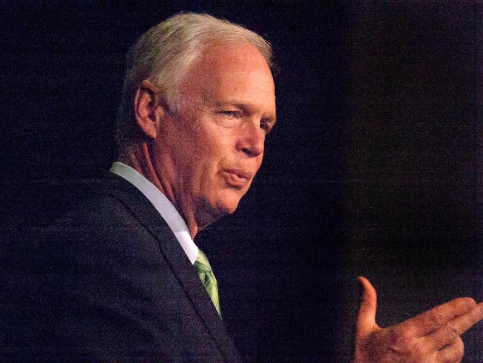 U.S. Senator Ron Johnson answers questions at Kiel High School, Tuesday, May 1, 2018, in Kiel, Wis.