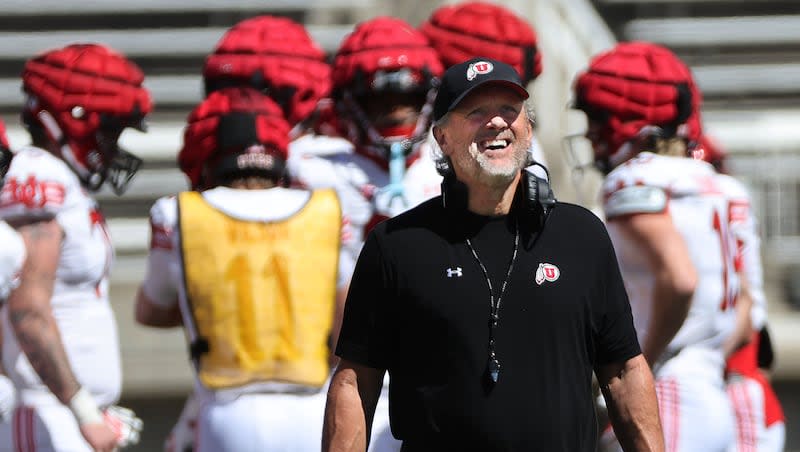 Utah Utes head coach Kyle Whittingham looks at a replay during the 22 Forever game in Salt Lake City on Saturday, April 13, 2024. Whittingham and the Utes head into their first Big 12 season with high expectations.