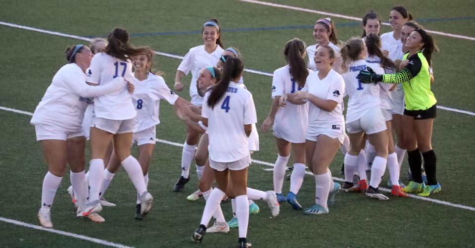 Pearl River players celebrate an overtime goal by Marissa Graziano (17) at Somers Sept. 13, 2021. Pearl River won 1-0 in OT.