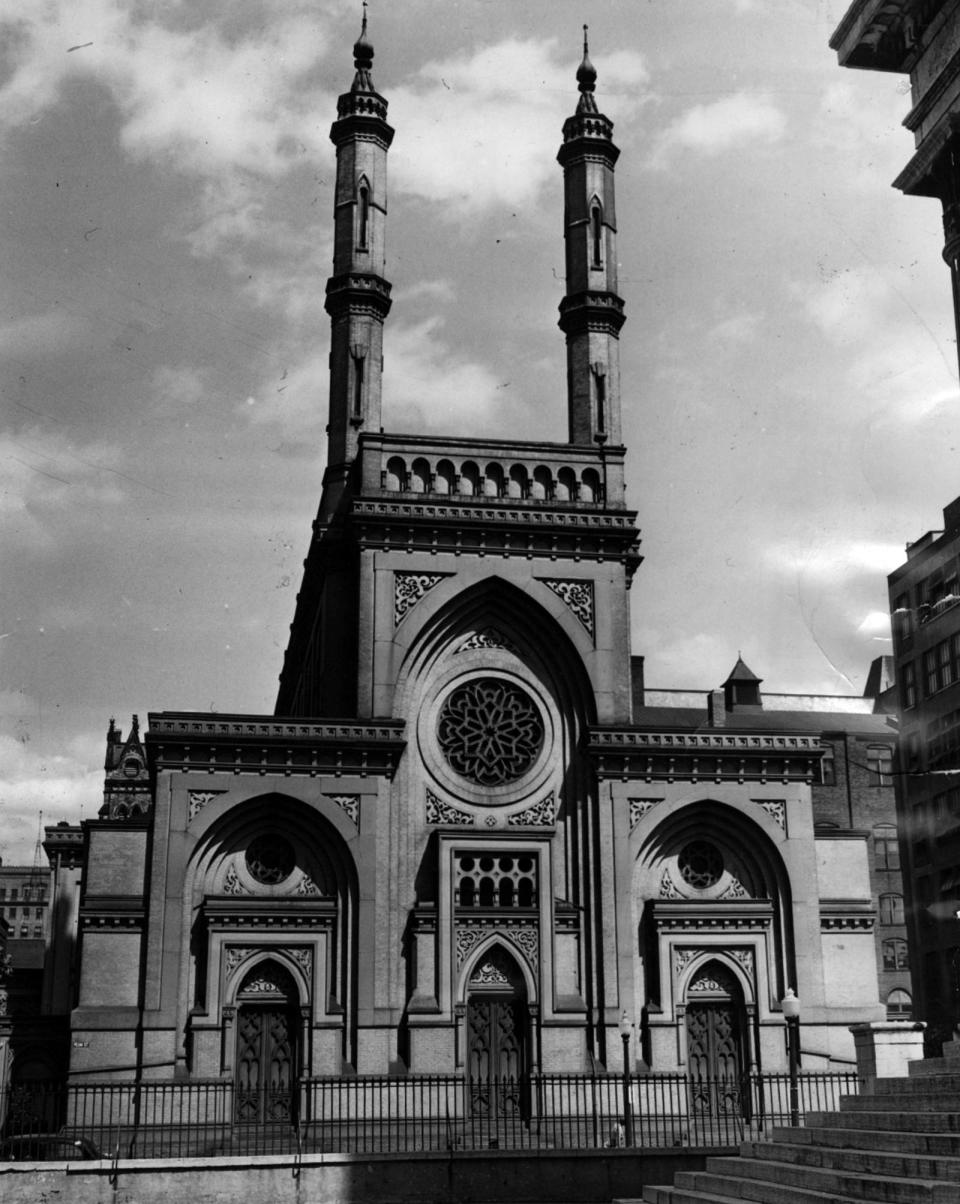 Plum Street Temple, pictured in 1960, shows a mix of Moorish, Byzantine and Gothic architectural styles.