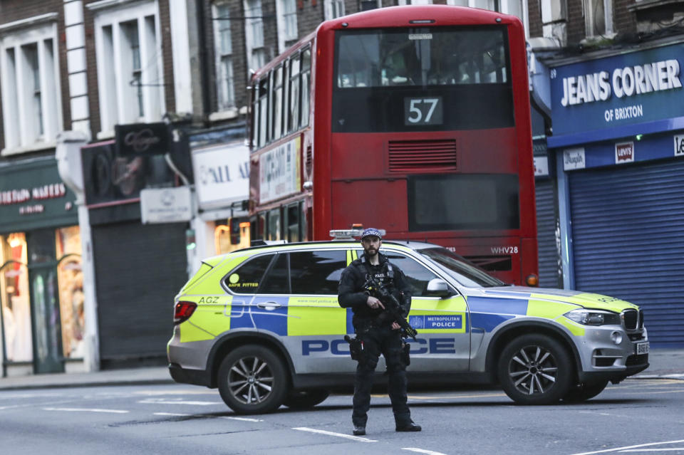 LONDON, UNITED KINGDOM - FEBRUARY 02: Police emergency services are seen at the site of an incident after a man has been shot dead by police in South London following stabbing several people at a street in Streatham, London, Britain on February 02, 2020.  London's Metropolitan Police said incident has been declared 'terrorist-related', shot man pronounced dead. (Photo by Ilyas Tayfun Salci/Anadolu Agency via Getty Images)