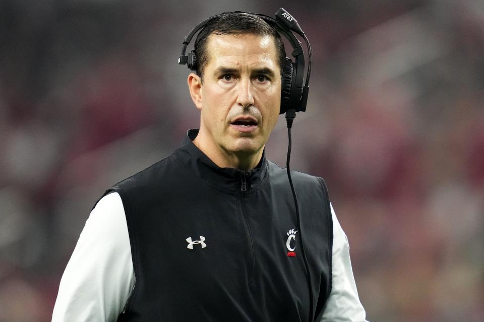 Cincinnati Bearcats head coach Luke Fickell paces the sideline in the second quarter during the College Football Playoff semifinal game against the Alabama Crimson Tide at the 86th Cotton Bowl Classic, Friday, Dec. 31, 2021, at AT&T Stadium in Arlington, Texas.